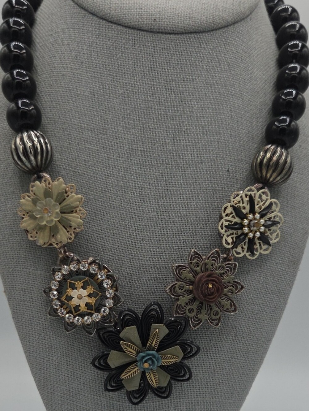 5 for $25! Metal Monk Statement Black Bead Floral Pendant Necklace